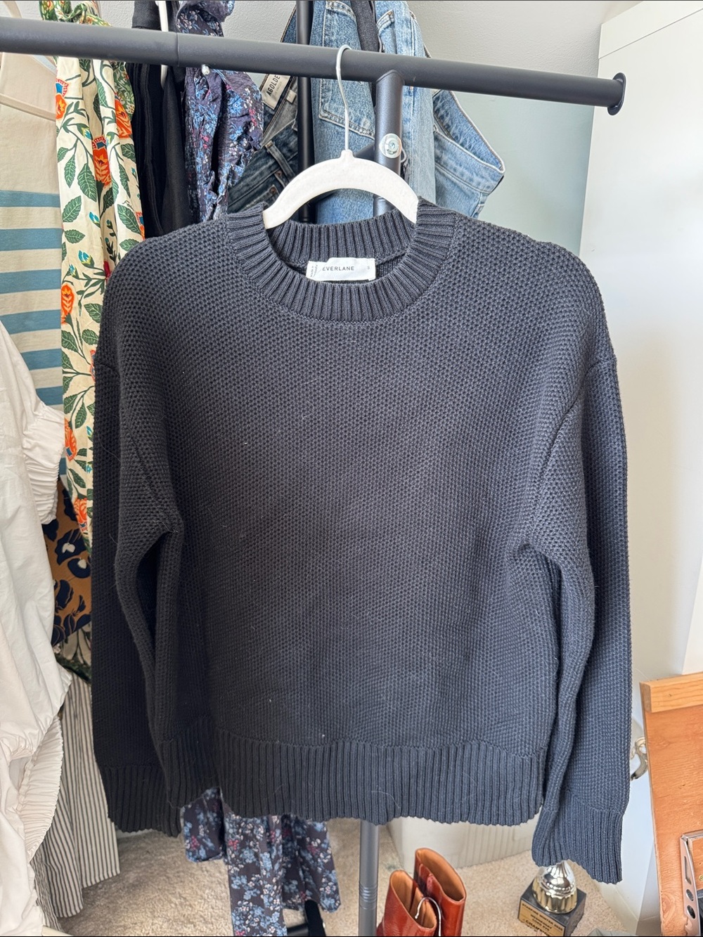 Everlane Black Waffle-Knit Crewneck Sweater